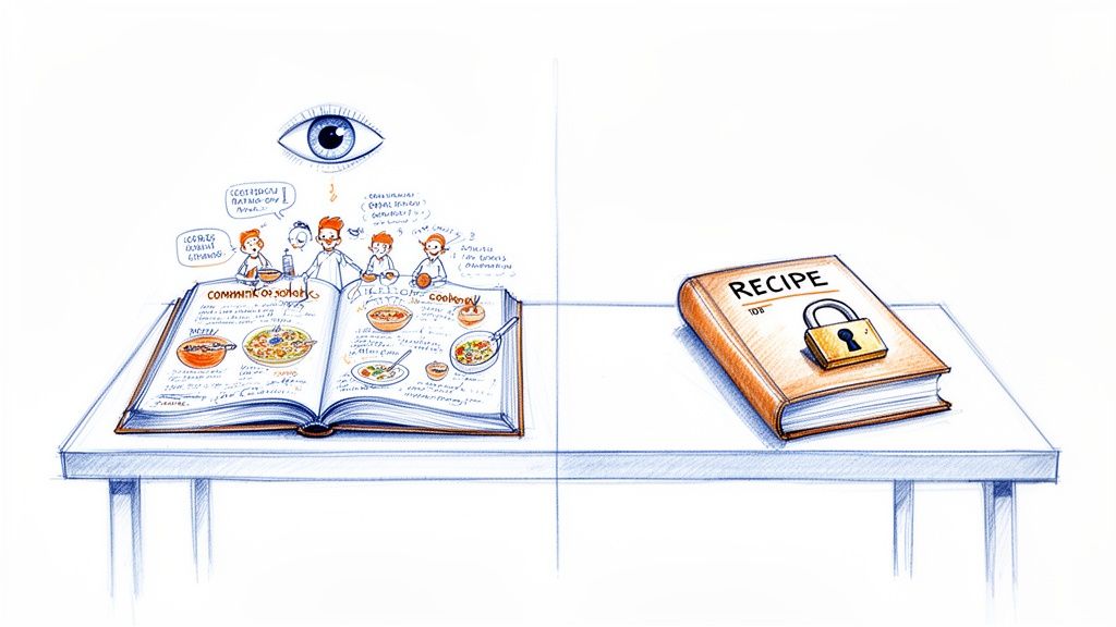 Illustration depicting an open cookbook for community sharing versus a locked book symbolizing privacy.