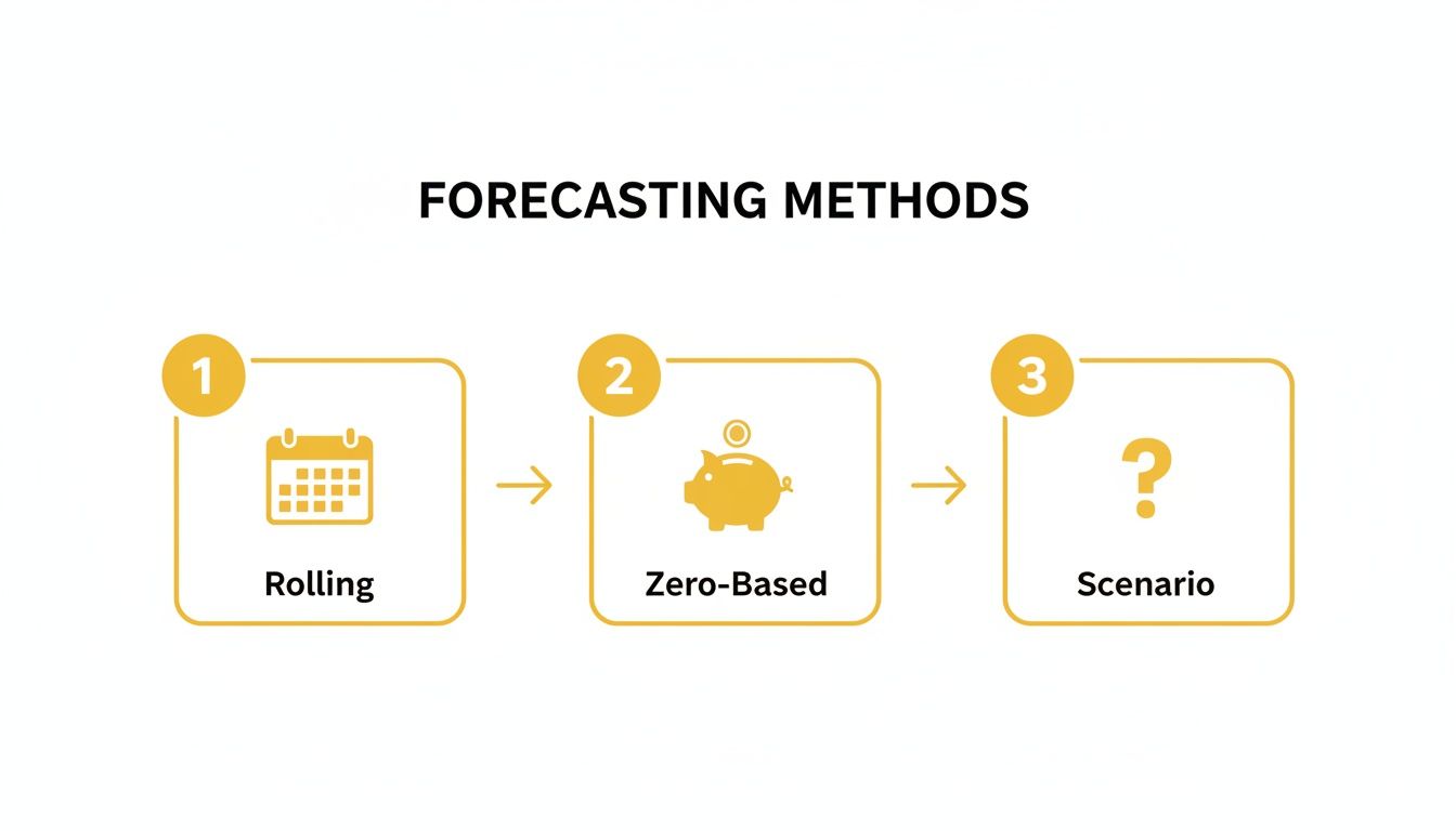 An infographic showing three forecasting methods: Rolling, Zero-Based, and Scenario, with icons.