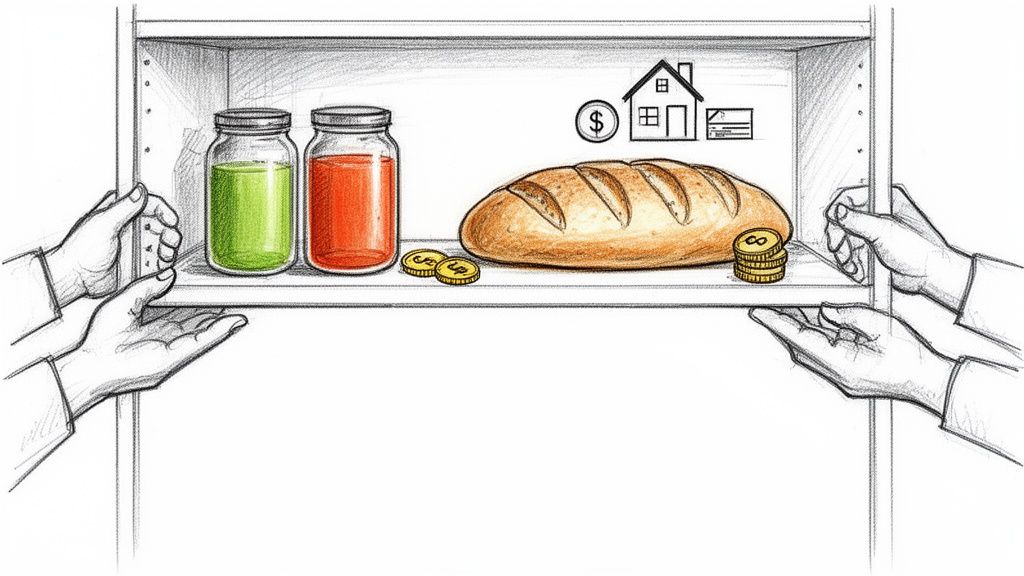 Illustration of two hands supporting a shelf filled with shared financial assets like money, house, and food.