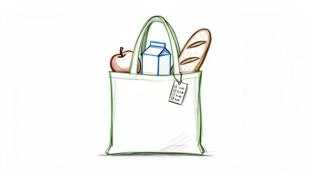 A hand-drawn reusable grocery bag with an apple, milk carton, and baguette, with a price tag.