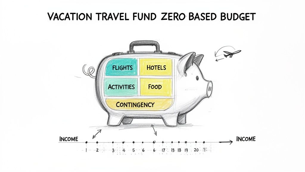 A diagram illustrating a vacation travel fund zero-based budget, showing a piggy bank divided into categories and an income timeline.