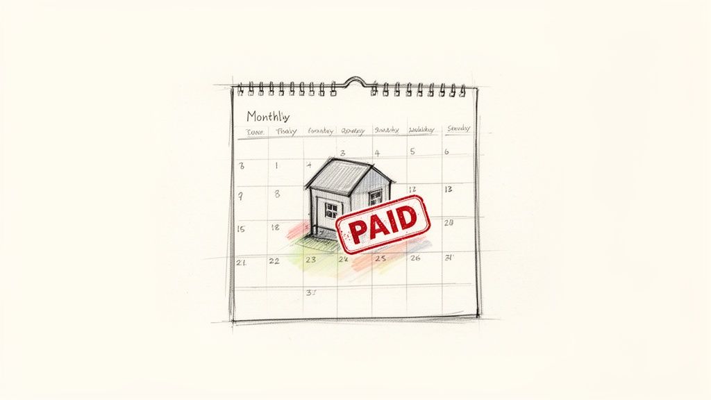 A hand-drawn calendar with a small house and a red &lsquo;PAID&rsquo; stamp, symbolizing a paid mortgage.