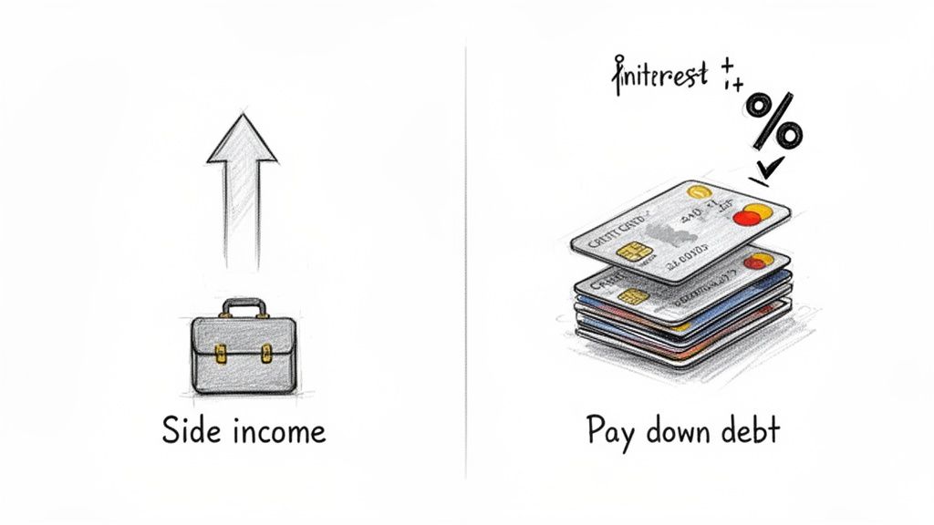 Two financial concepts: increasing side income shown with a briefcase and arrow, and paying down debt with credit cards and interest.