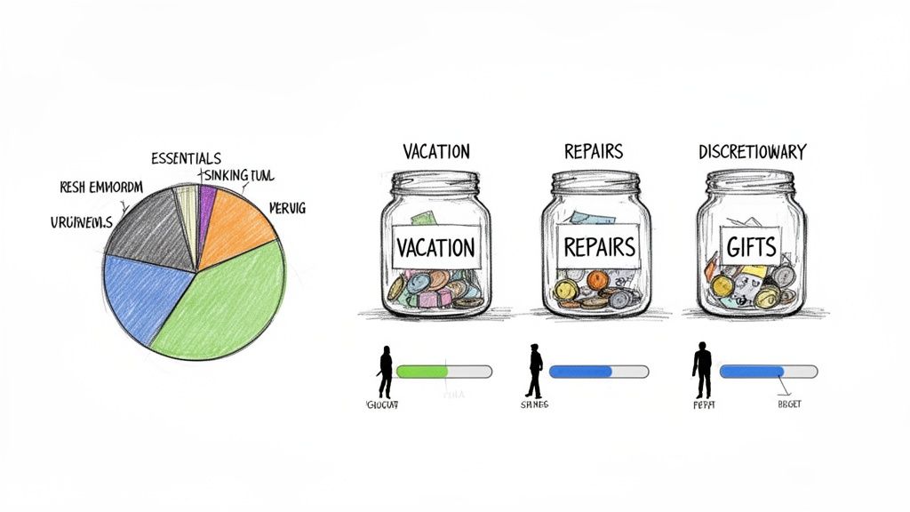 A hand-drawn illustration showing a financial budget with a pie chart and savings jars for various goals.