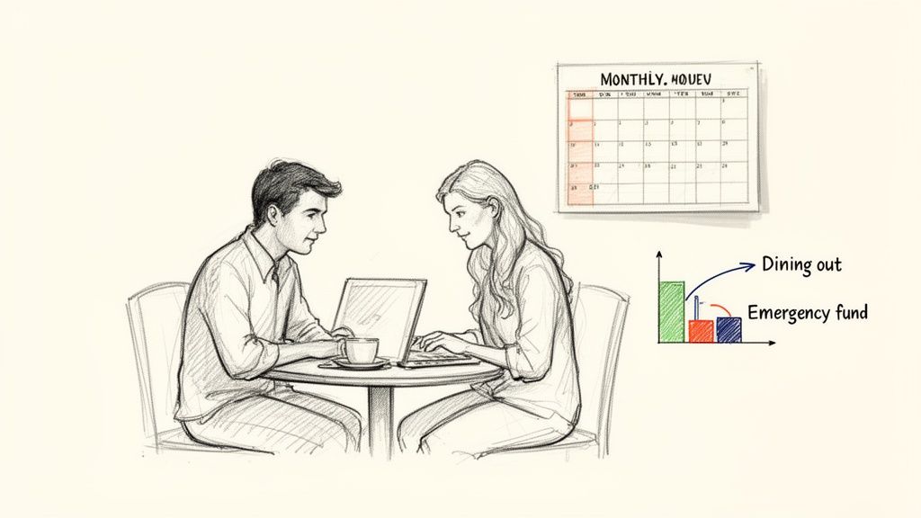 A couple budgets on laptops, with a monthly calendar and a chart showing dining out vs. emergency fund.