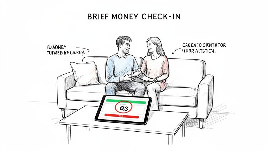 A couple on a sofa doing a brief money check-in, looking at a tablet.