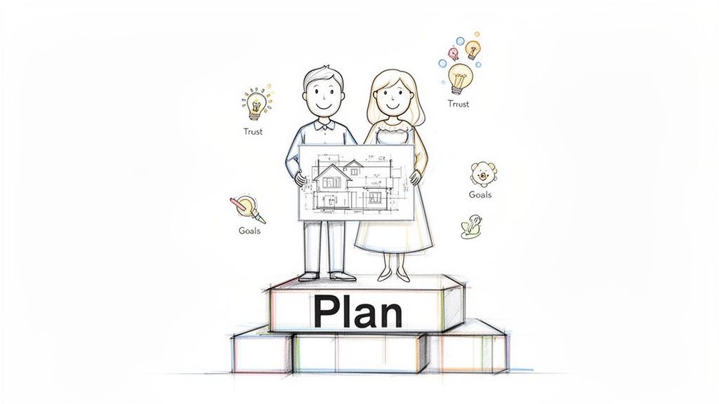 A cartoon couple holding a house blueprint, standing on blocks labeled ‘Plan’, surrounded by ‘Trust’ and ‘Goals’ icons.