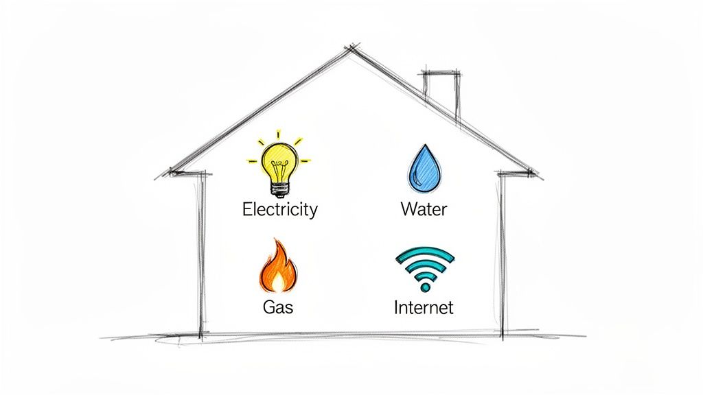 A sketch of a house with icons and labels for electricity, water, gas, and internet utilities.