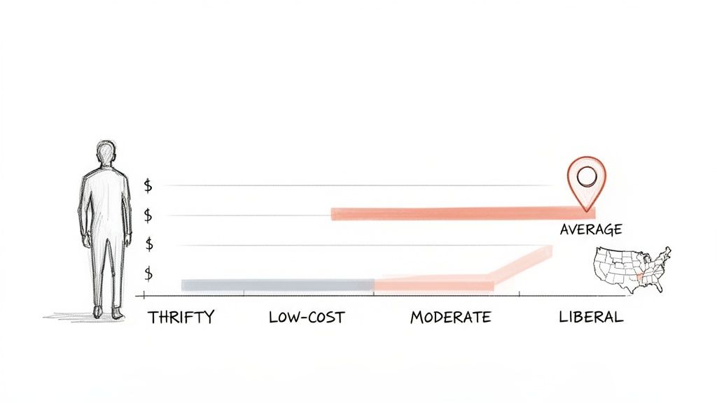Chart showing average grocery costs for one person across various spending levels, highlighting the US average.