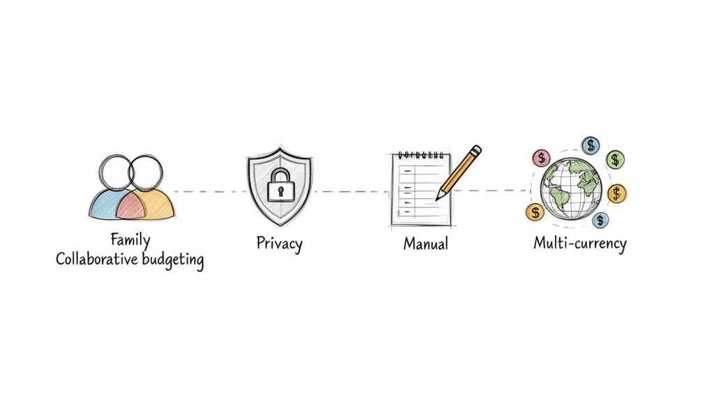 Hand-drawn icons illustrating family collaborative budgeting, privacy, manual tracking, and multi-currency features.