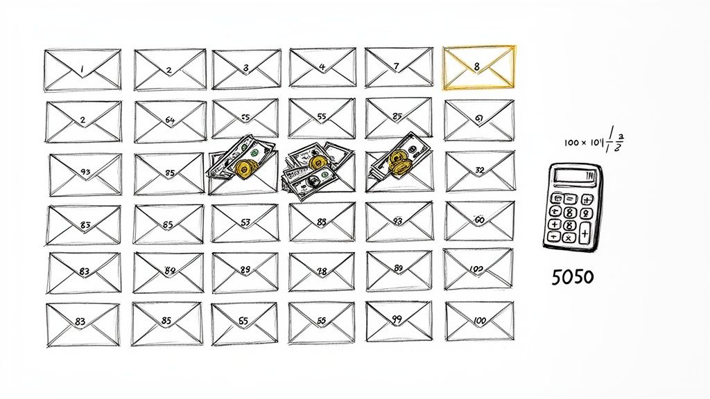 A grid of numbered envelopes, three open revealing money, with a calculator showing 5050.
