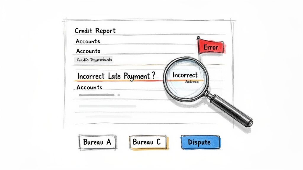 A magnifying glass highlights an incorrect late payment on a credit report, next to dispute options.