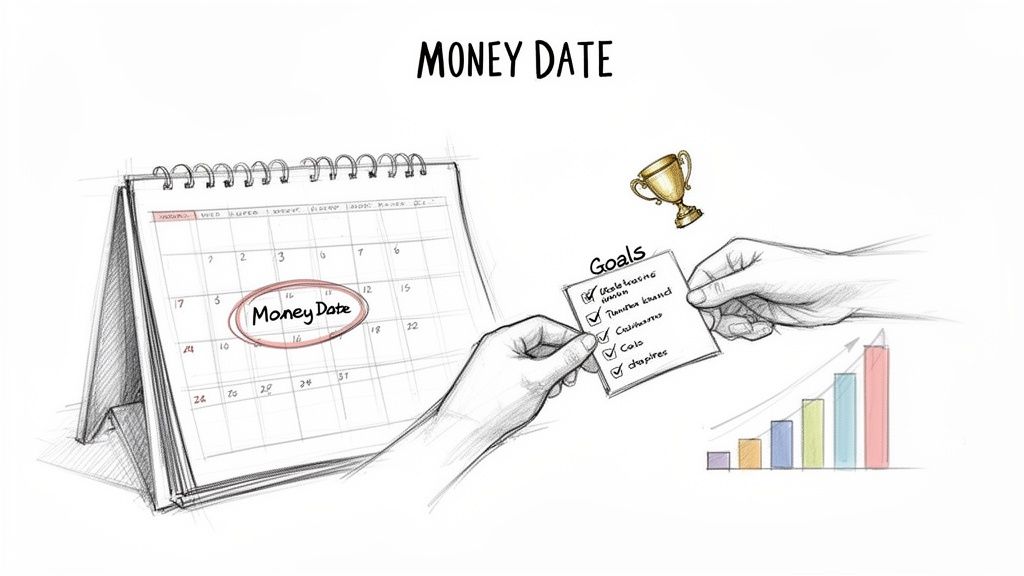 Illustration of financial planning, with a &lsquo;Money Date&rsquo; on a calendar, a goals checklist, and a rising bar graph.