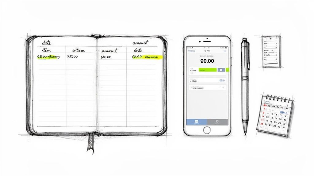 Hand-drawn illustration showing a notebook for tracking finances next to a smartphone with a budgeting app.