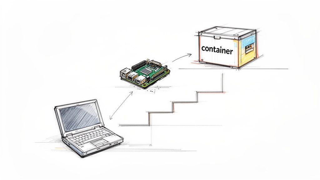 Diagram showing a laptop, Raspberry Pi board, and a container box labeled &lsquo;container&rsquo;, connected by arrows and steps.
