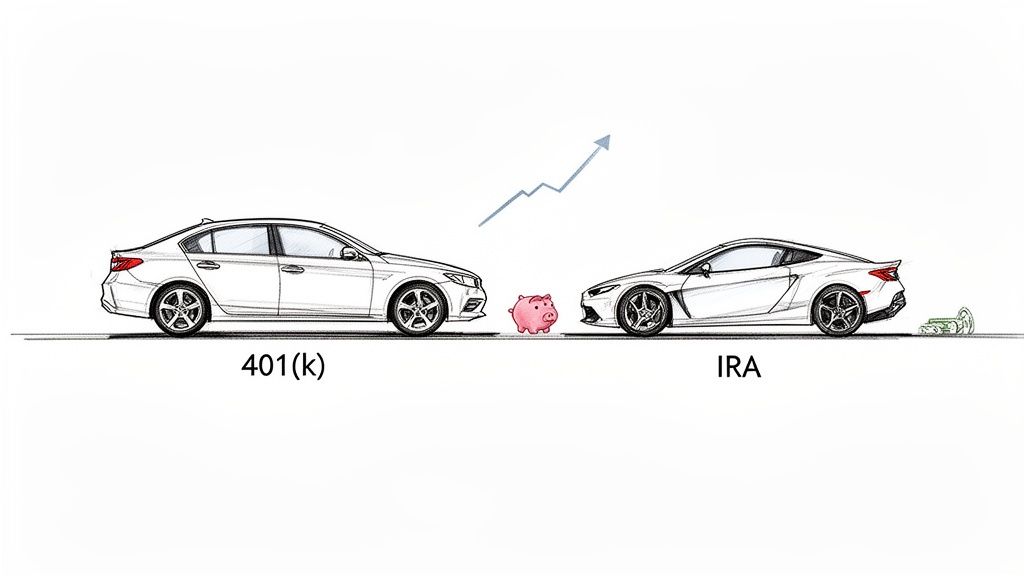 Illustration comparing 401(k) (sedan) and IRA (sports car) retirement accounts with a piggy bank and growth arrow.