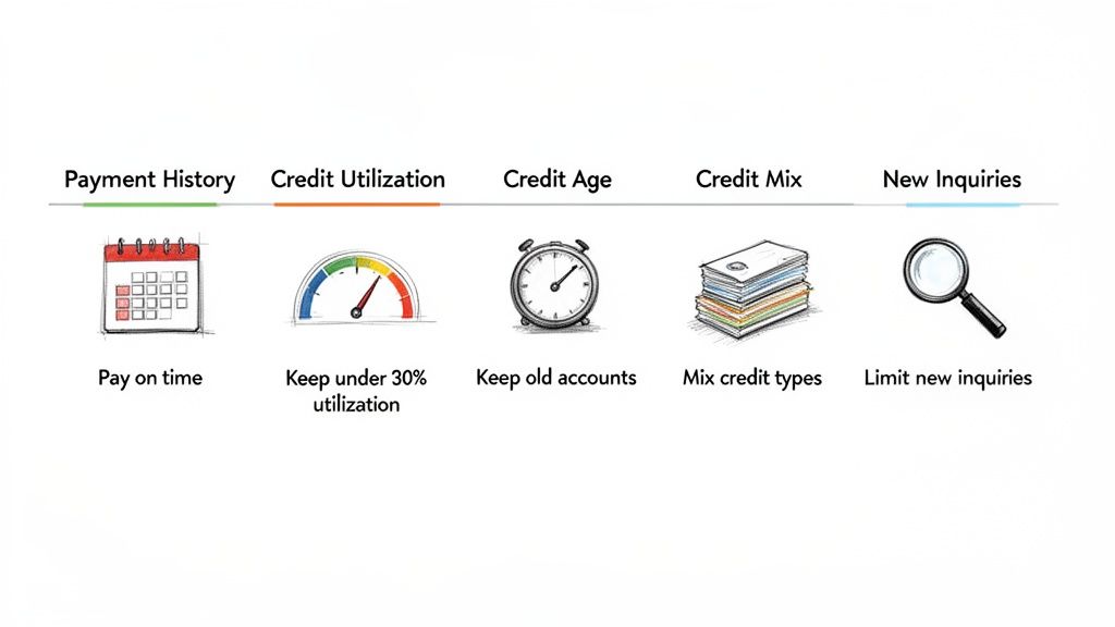 Infographic showing five key factors to improve credit score: payment history, credit utilization, credit age, credit mix, and new inquiries.
