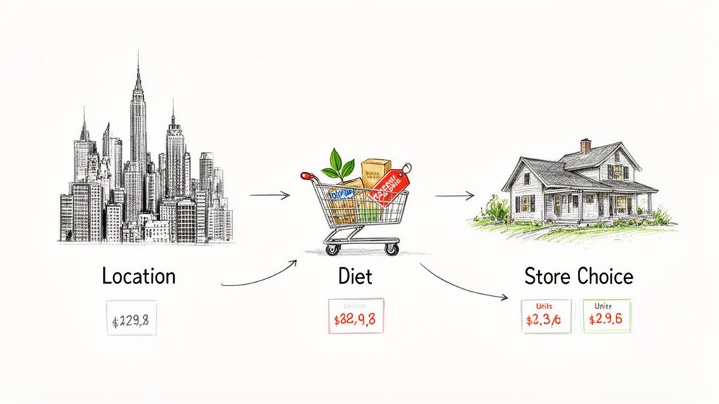 Illustrative diagram linking city location to grocery diet and store choice with associated costs.