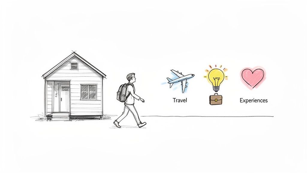 Illustration of a person leaving a house, walking towards travel, ideas, and experiences.