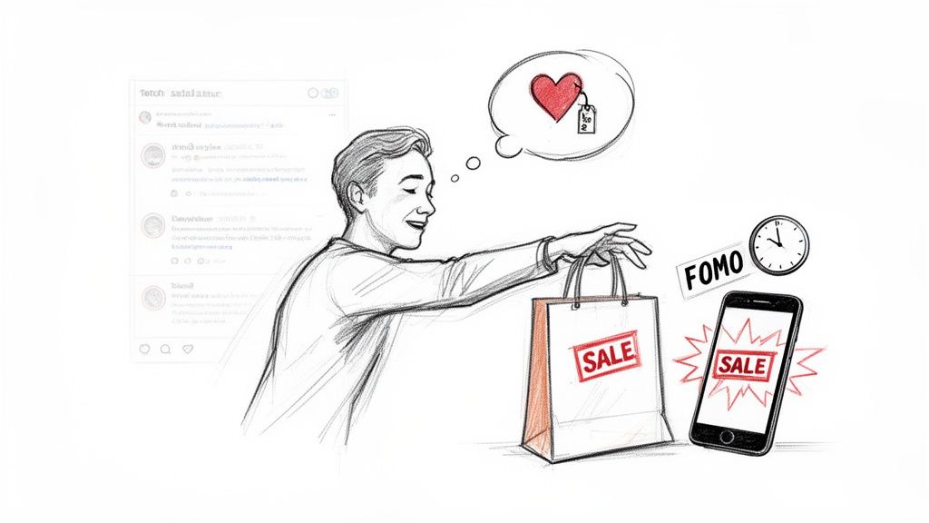 A man happily reaches for a sale shopping bag, driven by FOMO and online sales.