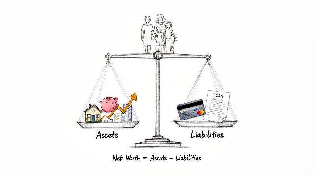 A drawing illustrating net worth calculation with assets (house, savings) balanced against liabilities (loan, credit card).