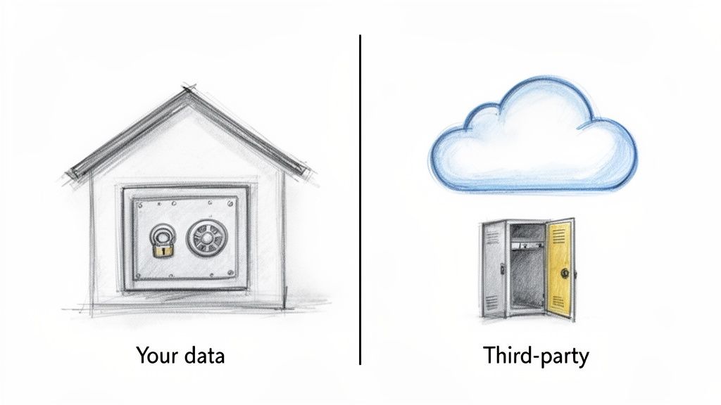 Illustration showing secure self-hosted data in a house-safe versus third-party data in a cloud and open locker.