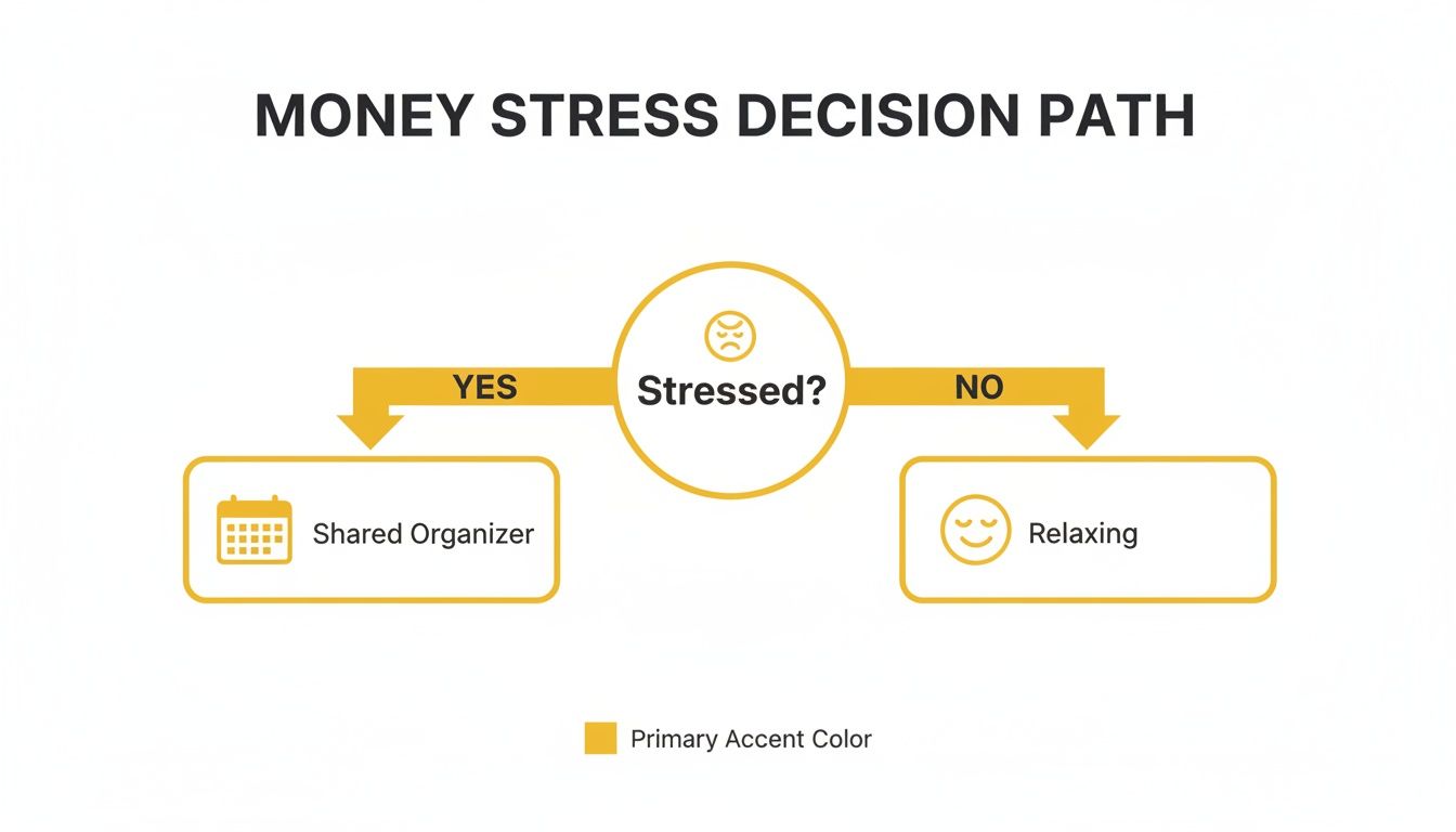 A money stress decision path flowchart showing options for &lsquo;Stressed?&rsquo; Yes: Shared Organizer, No: Relaxing.