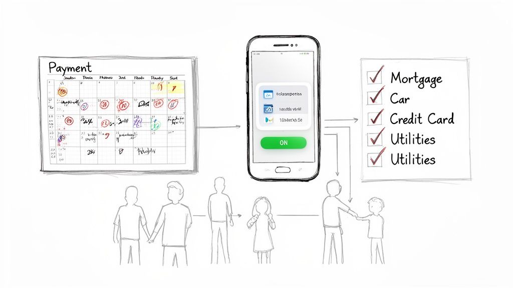 A payment calendar, smartphone app, and checklist of recurring bills illustrate personal finance management.