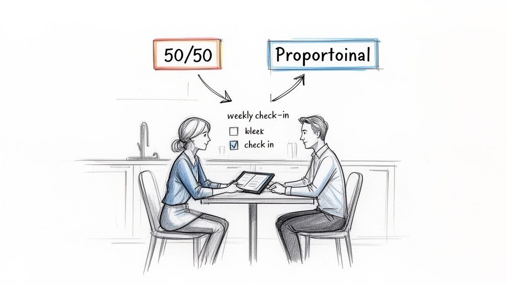 A couple discusses budgeting on a tablet, considering 50/50 or proportional financial contributions.