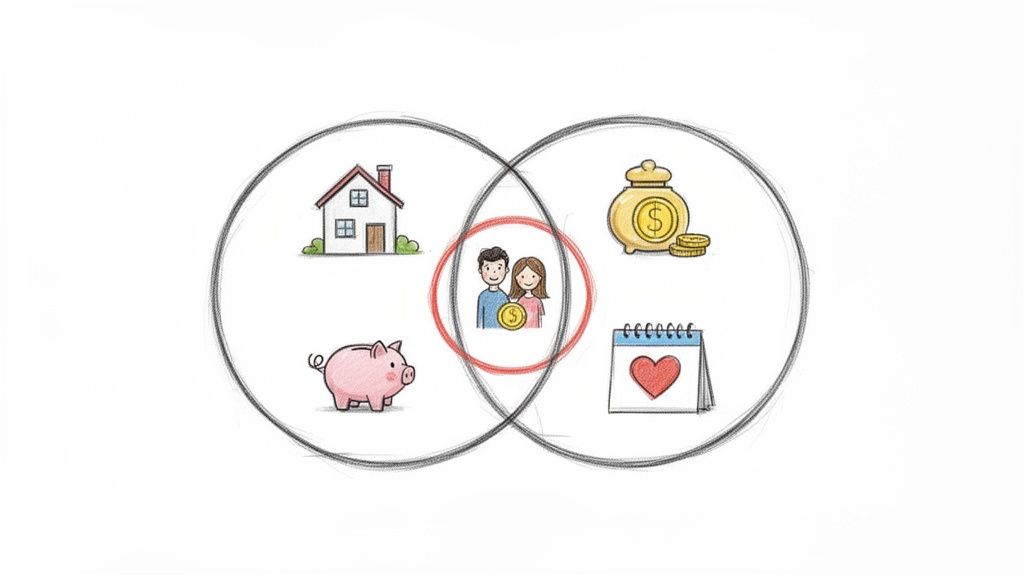 Venn diagram illustrating financial planning for a couple, featuring savings, housing, and future goals.