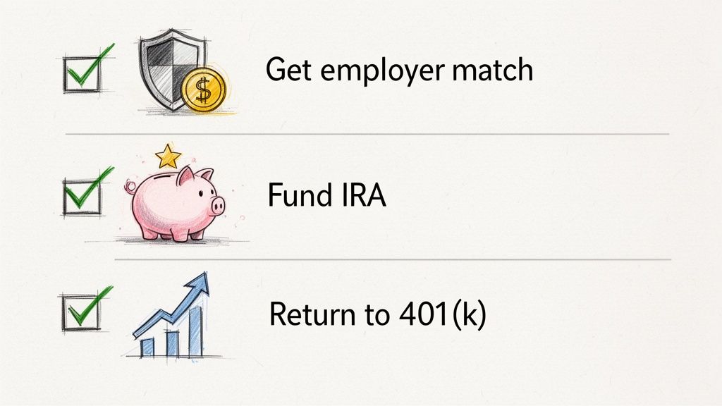 A checklist showing three completed financial steps: Get employer match, Fund IRA, and Return to 401(k).