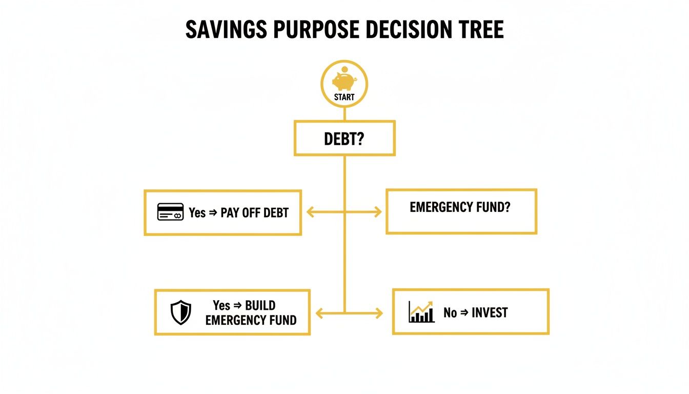 A financial decision tree flowchart guiding savings purpose from debt to emergency fund or investment.