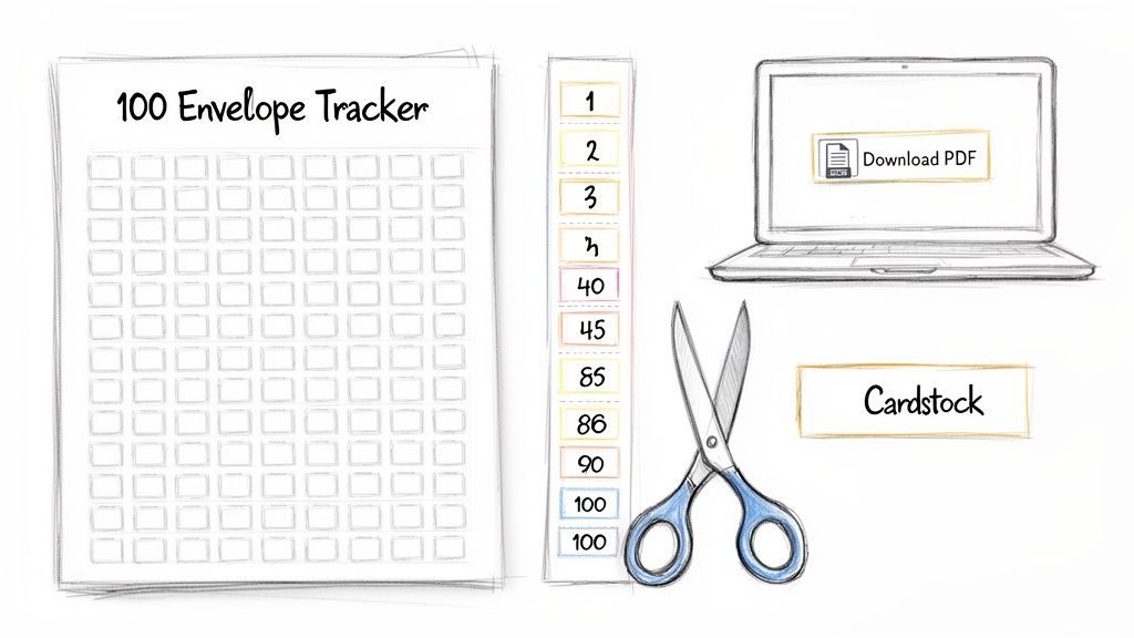 A sketch showing a 100 envelope savings tracker printable, numbered tags, a laptop with a PDF download, scissors, and a ‘Cardstock’ label.