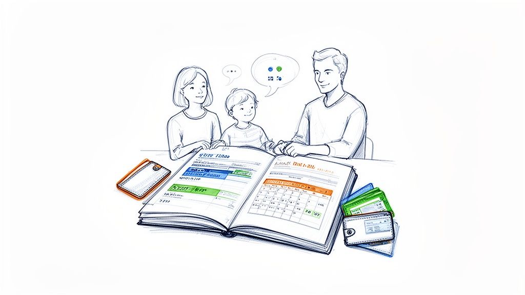 An illustration of a family, a mother, father, and child, discussing finances with an open ledger.
