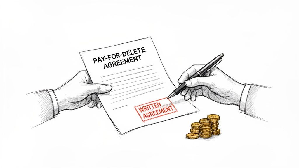 Two hands signing a &lsquo;Pay-for-Delete Agreement&rsquo; document next to stacks of gold coins.