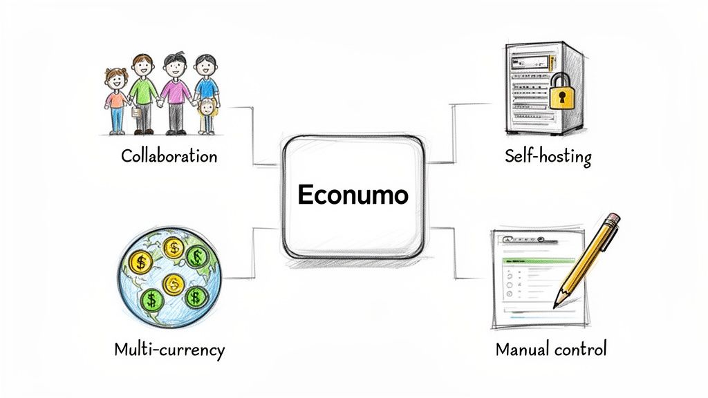 A diagram showing Econumo&rsquo;s key features: Collaboration, Self-hosting, Multi-currency, and Manual control.