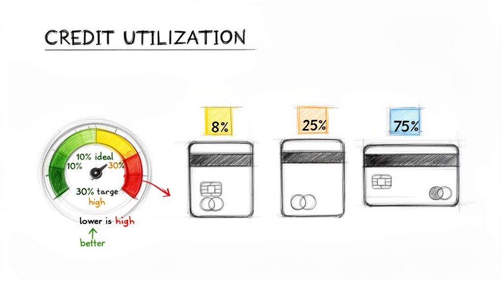 A diagram explaining credit utilization, showing ideal, target, and high ranges with credit card examples.
