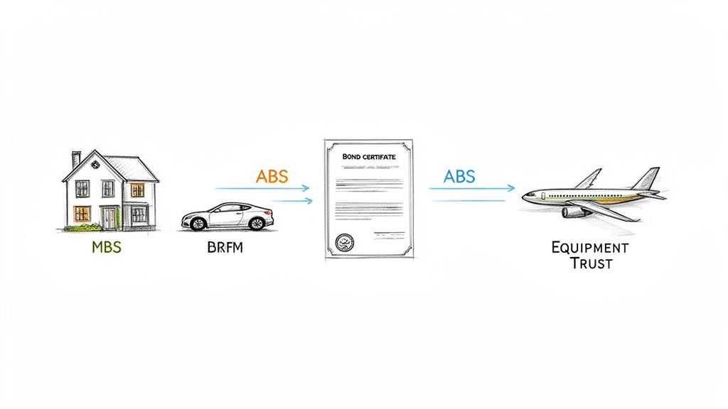 A financial diagram illustrating different asset-backed securities (ABS), including MBS, BRFM, bond certificates, and equipment trusts.