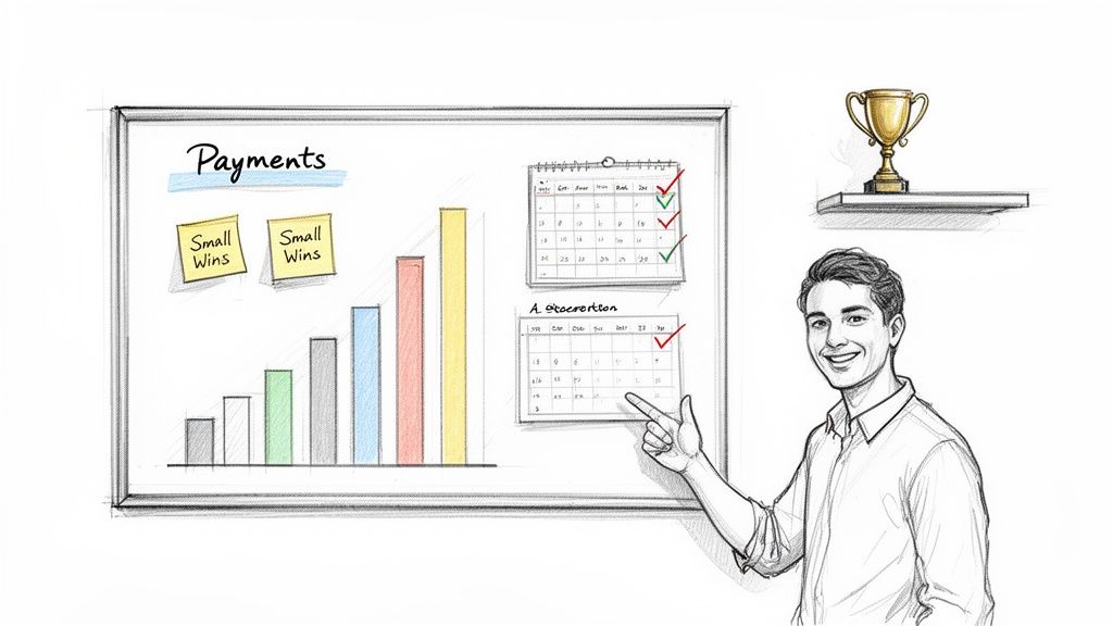 Sketch of a smiling man pointing at a whiteboard displaying ‘Payments’, a growth chart, and ‘Small Wins’, symbolizing financial progress.