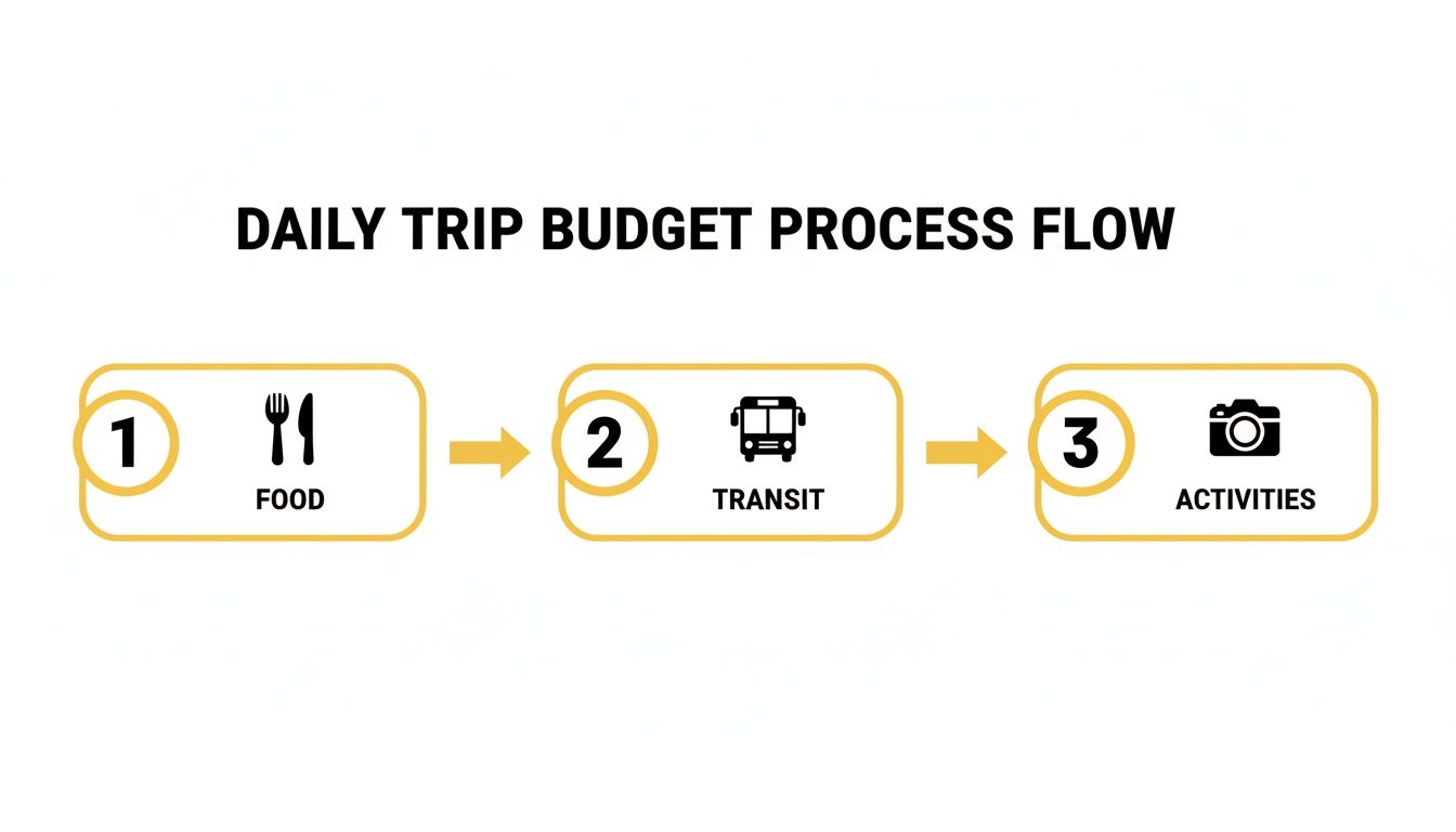A daily trip budget process flow diagram showing three steps: food, transit, and activities.