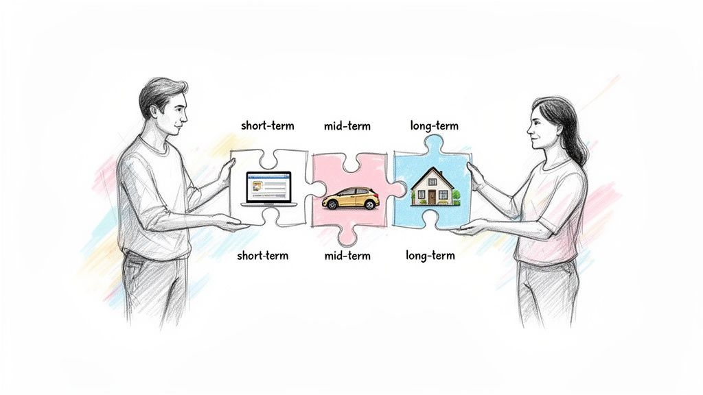 A man and woman connect puzzle pieces representing short-term (laptop), mid-term (car), and long-term (house) financial goals.