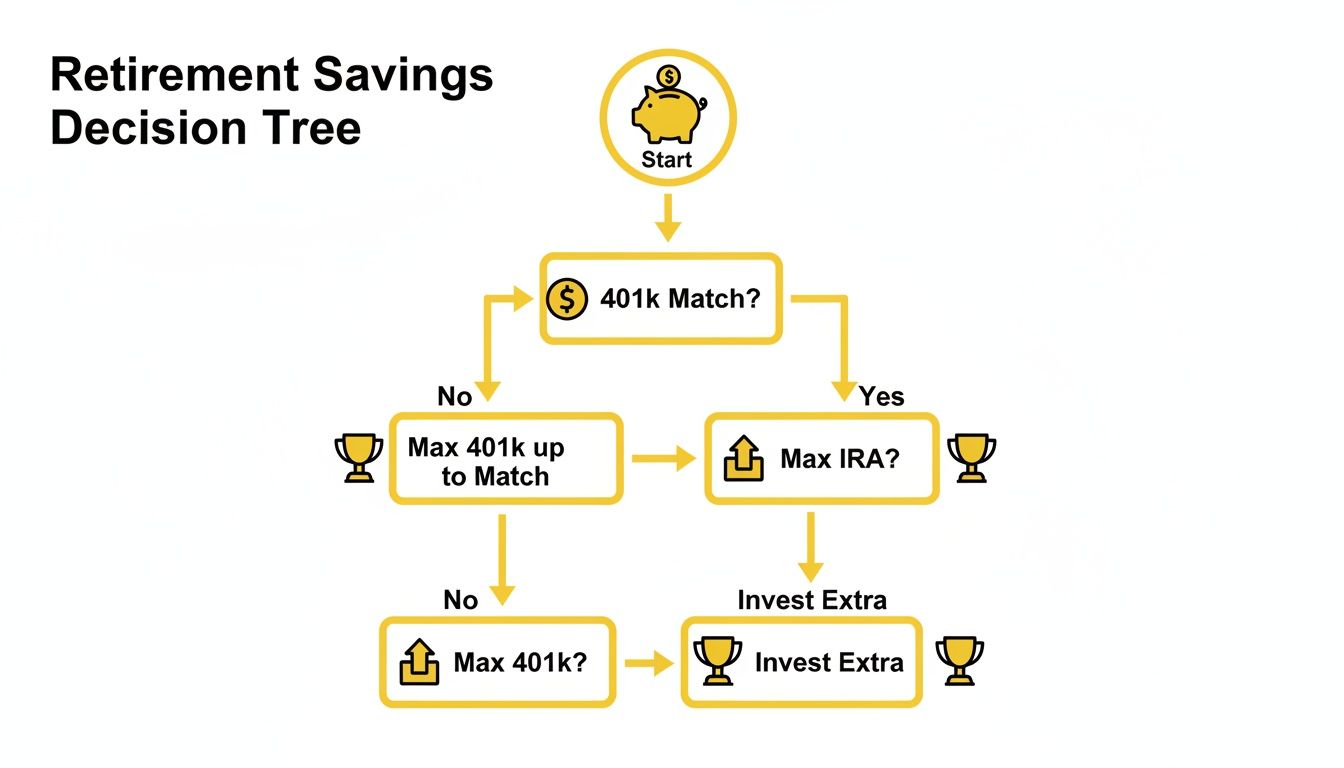 A flowchart titled &lsquo;Retirement Savings Decision Tree&rsquo; guiding steps for investing in 401k, IRA, and extra funds.