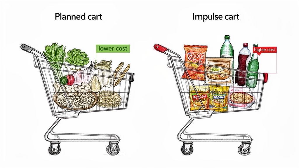 Two shopping carts illustrating planned (lower cost) versus impulse (higher cost) grocery shopping.