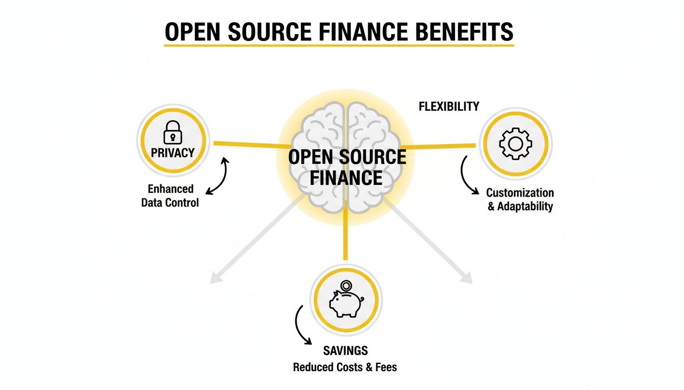 Infographic outlining open source finance benefits: privacy, flexibility, and savings with enhanced data control.