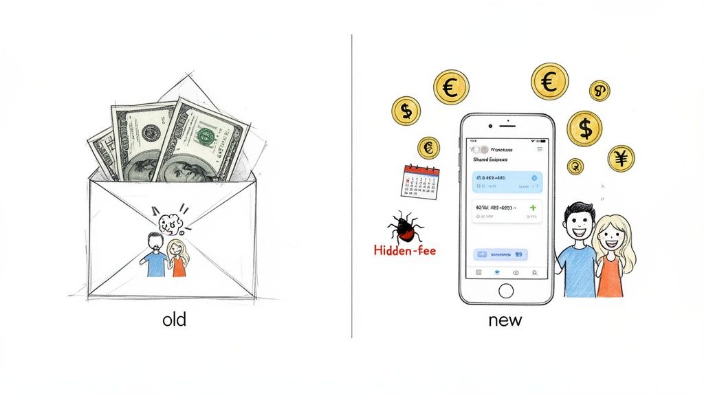 Illustration comparing old cash-based shared expenses with a new, happy, app-managed digital solution.