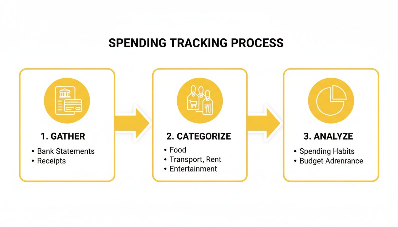 Flowchart detailing the three steps of spending tracking: gather financial data, categorize expenses, and analyze habits.