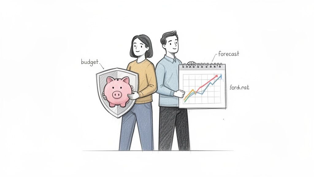 An illustration showing financial planning with a woman holding a budget shield and a man holding a forecast chart.