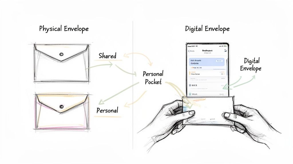 Diagram comparing physical and digital envelope budgeting, showing shared, personal, and personal pocket concepts.