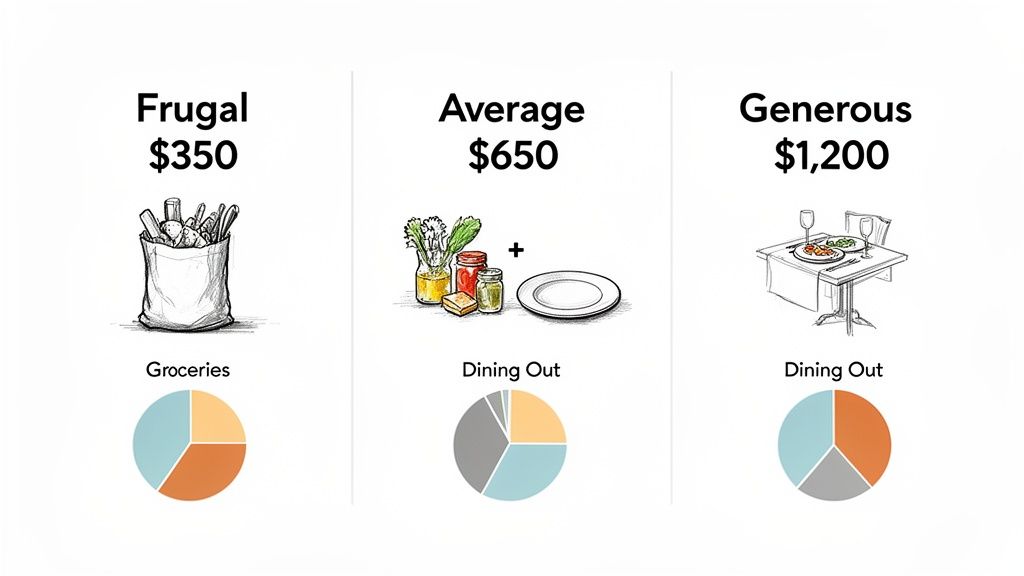 Infographic comparing frugal, average, and generous monthly food budgets of $350, $650, and $1,200 with icons and pie charts.