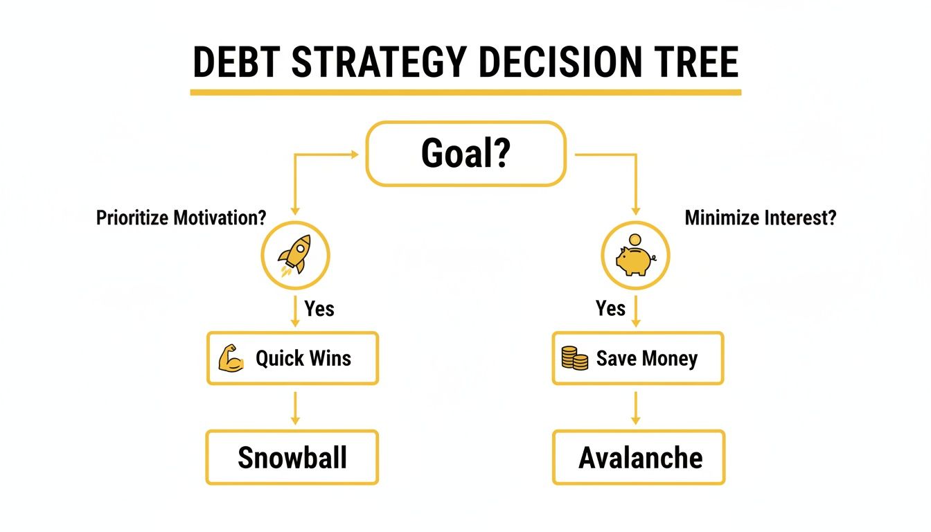 A debt strategy decision tree illustrating methods for paying off debt based on different goals.